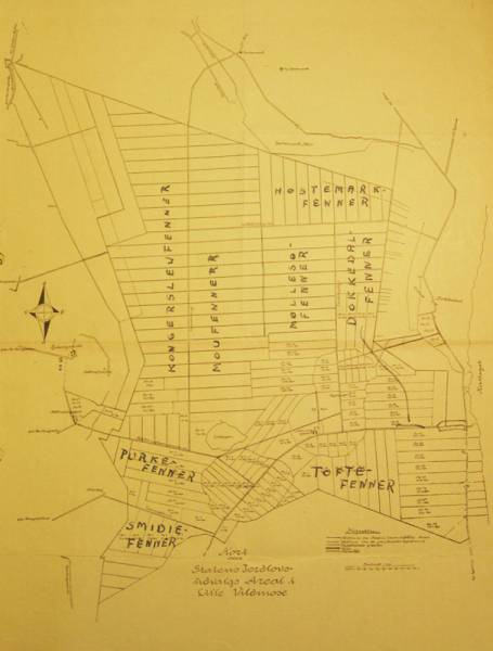 Kort over Lille Vildmose med veje og grøfter indtegnet. Kort over Lille Vildmose med veje og grøfter indtegnet.